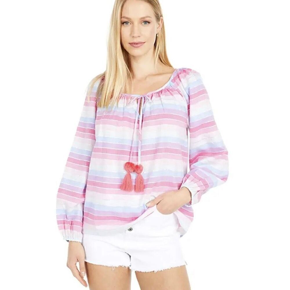 J Crew Peasant Top Metallic Pastel Stripe Long Sleeve Women Small AM634 Pink‎